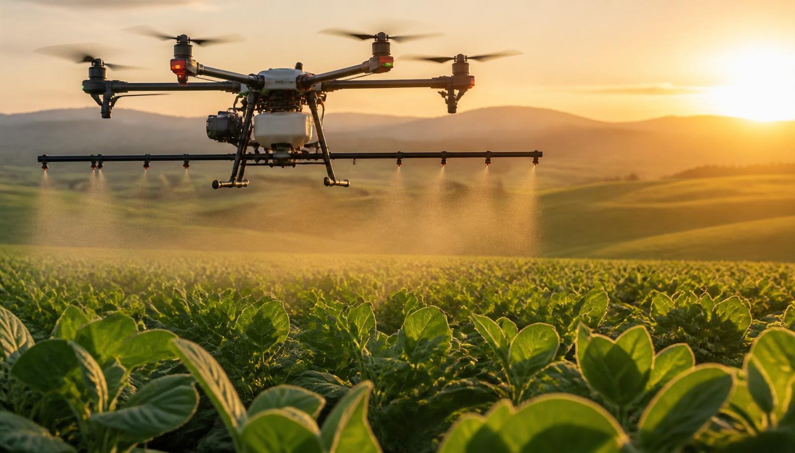 Commercial agricultural spray drone treating a soybean field
