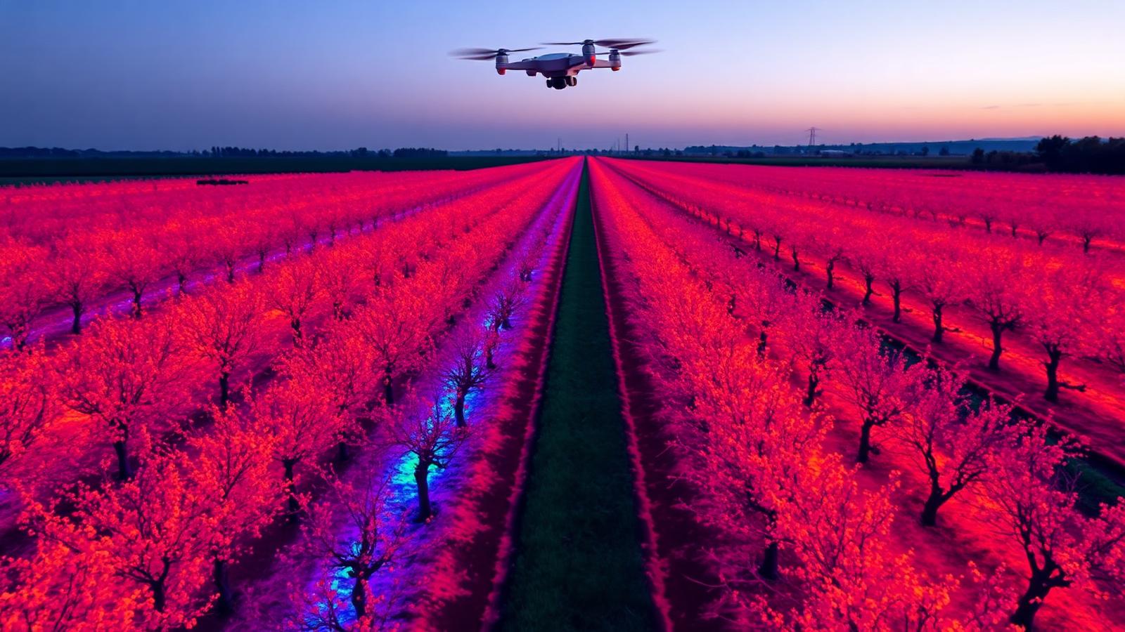 Thermal imaging drone scouting an orchard for irrigation stress