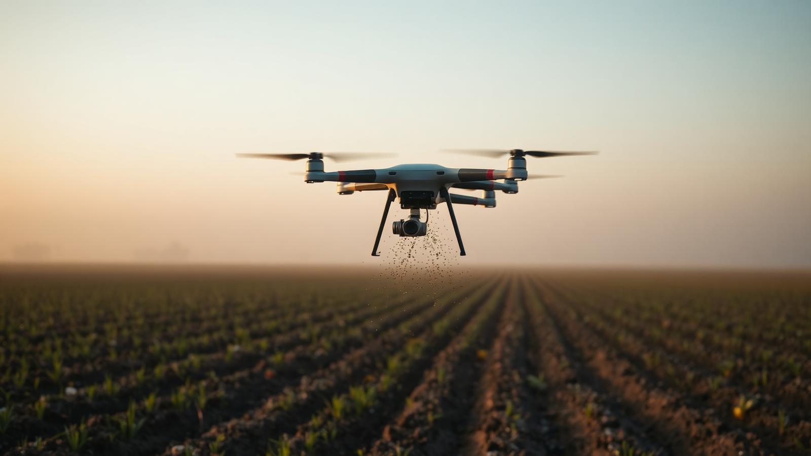 Seeding drone broadcasting cover crop seeds over a field