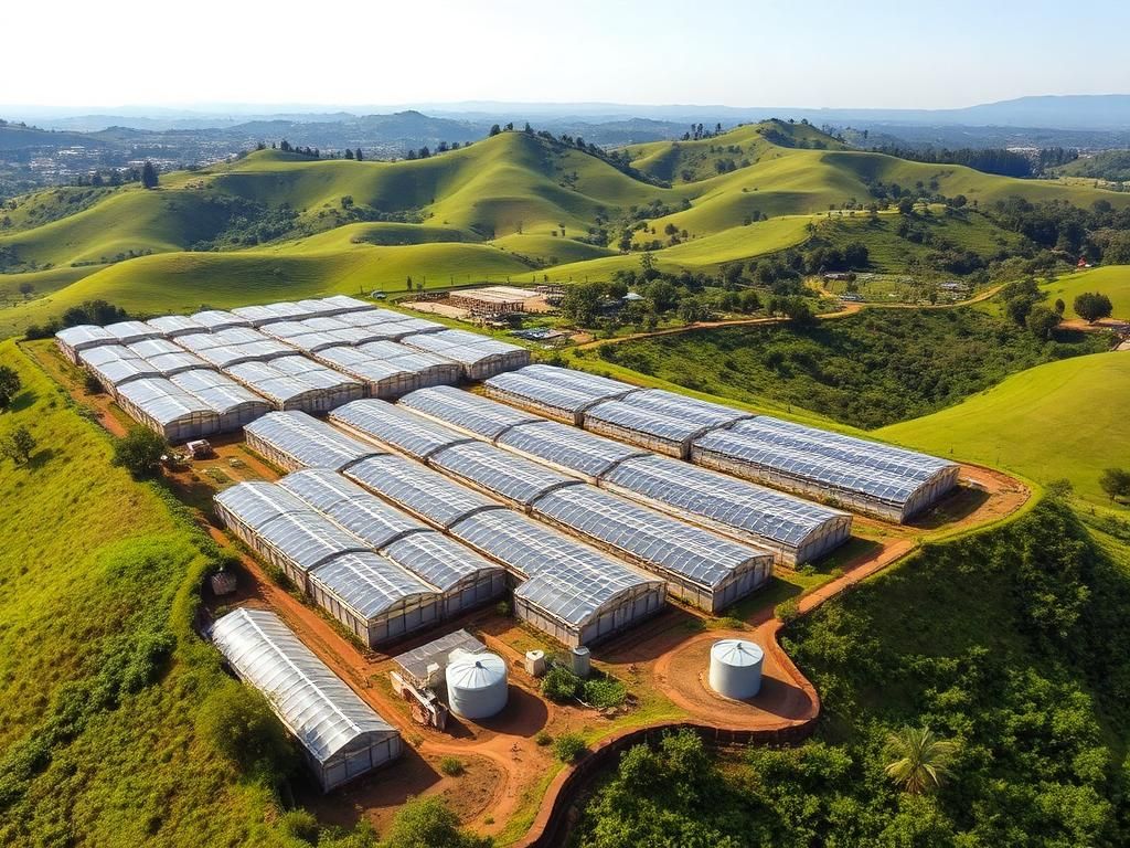 Highland Rose Complex — Commercial Greenhouse in Kenya Aerial view of a Venlo commercial rose greenhouse complex in the Kenyan highlands with rainwater harvesting and packhouse