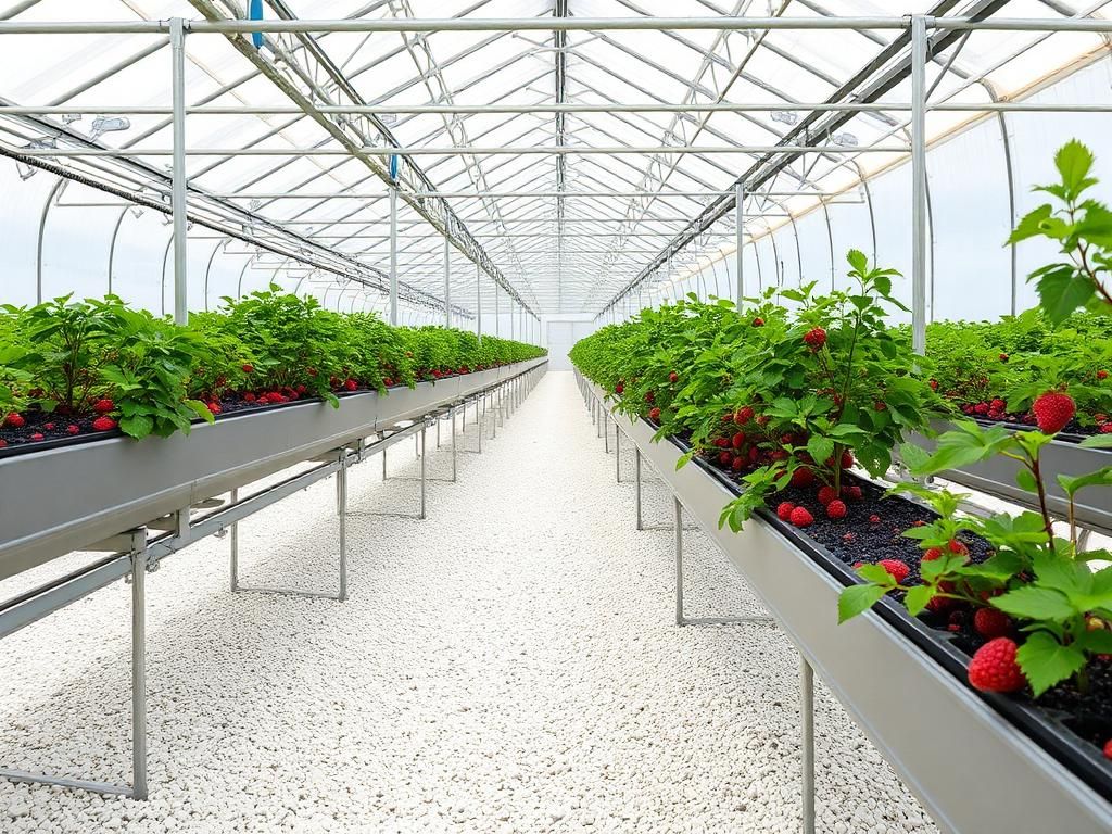 Tabletop Berry Facility — Hydroponic Greenhouse in Morocco Interior of a commercial Moroccan berry greenhouse with elevated tabletop hydroponic gutters for export production in Souss region