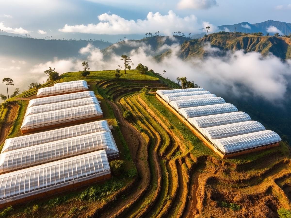 Highland Complex — Highland Greenhouse Complex in Rwanda Aerial view of a highland commercial greenhouse complex in Rwanda surrounded by rolling green hills